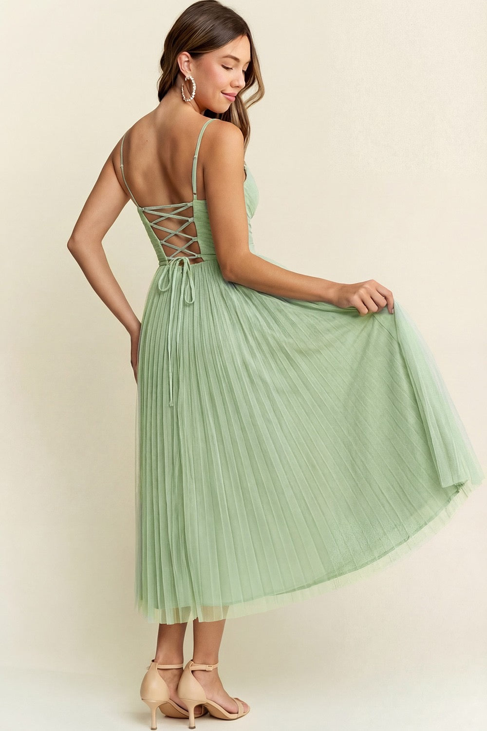 Tulle And Satin Pleated Ann Midi Dress With Tie Back