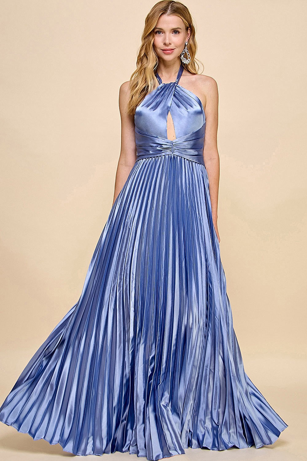 Satin Ann Pleated Halter Maxi Dress