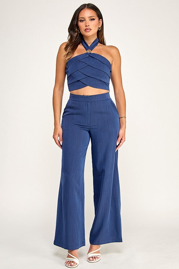 Pleated Halter Top and Pants Set with Gold Trim