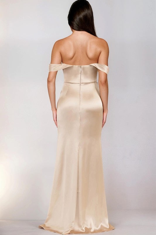 Off Shoulder Ann Satin Shirring Slit Maxi Dress