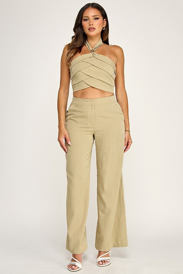 Pleated Halter Top and Pants Set with Gold Trim