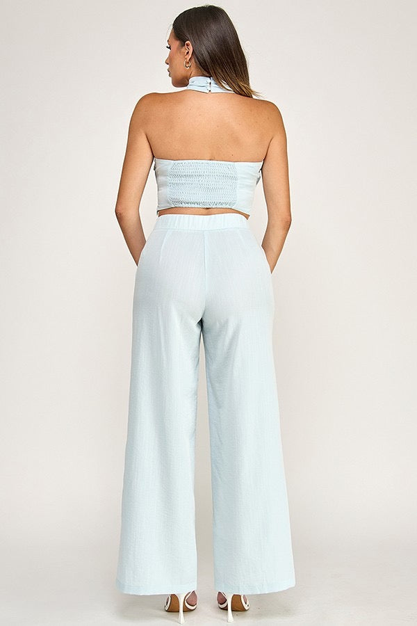 Pleated Halter Top and Pants Set with Gold Trim