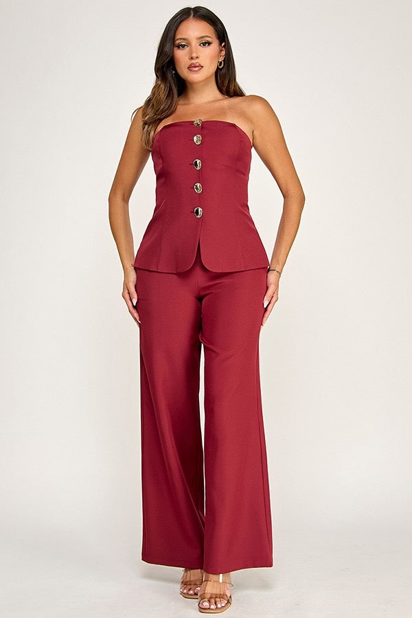 Gold Button Detail Ann Tube Top with Pants Set