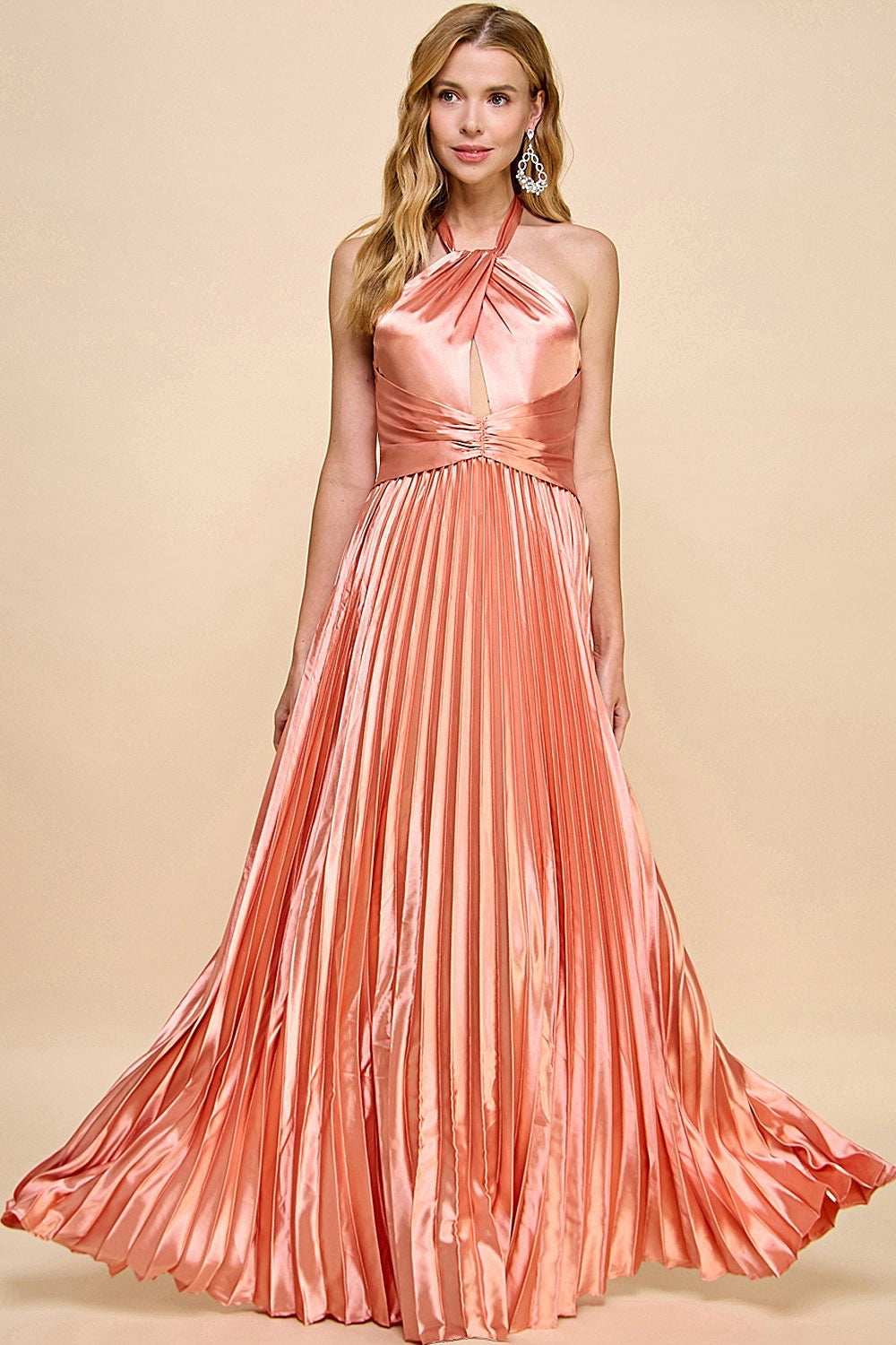Satin Ann Pleated Halter Maxi Dress