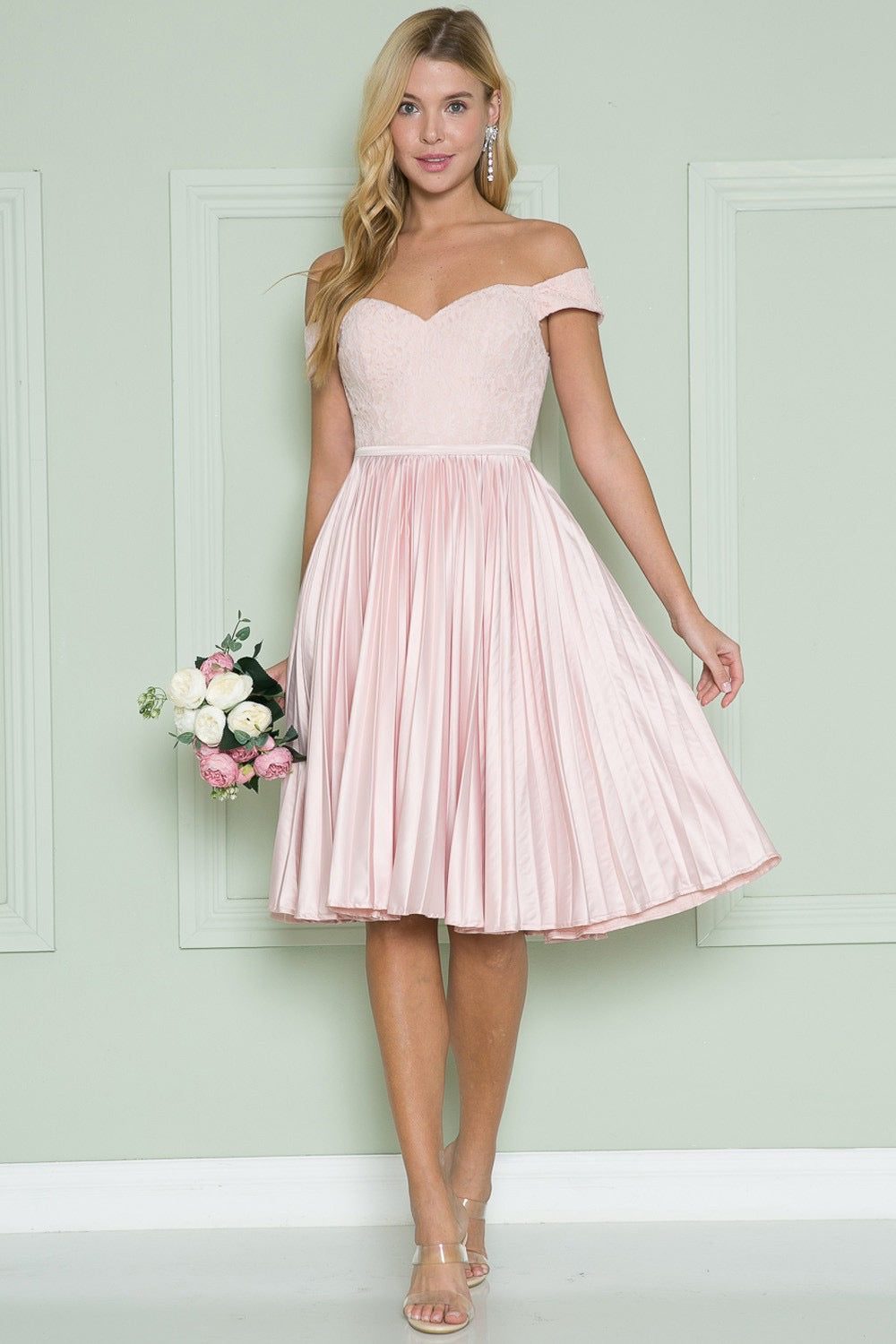 Off Shoulder Ann Lace Bodice Pleated Dress