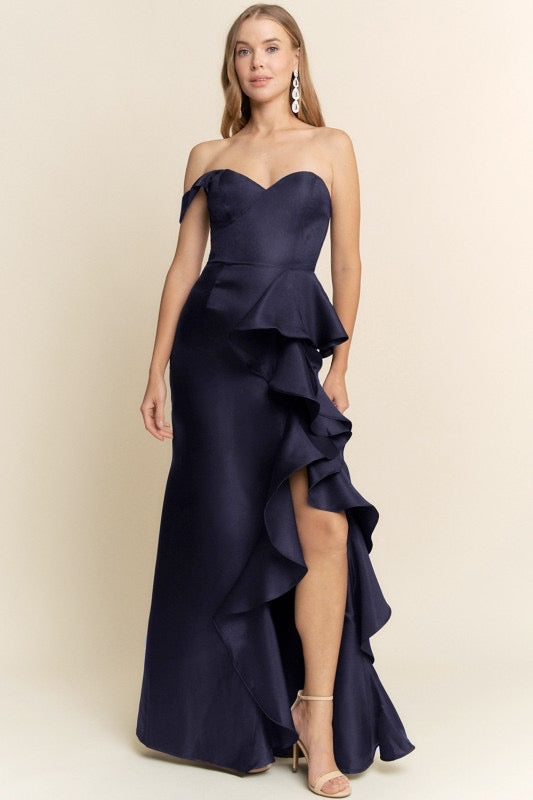 Strapless Ann Ruffle Satin Gown