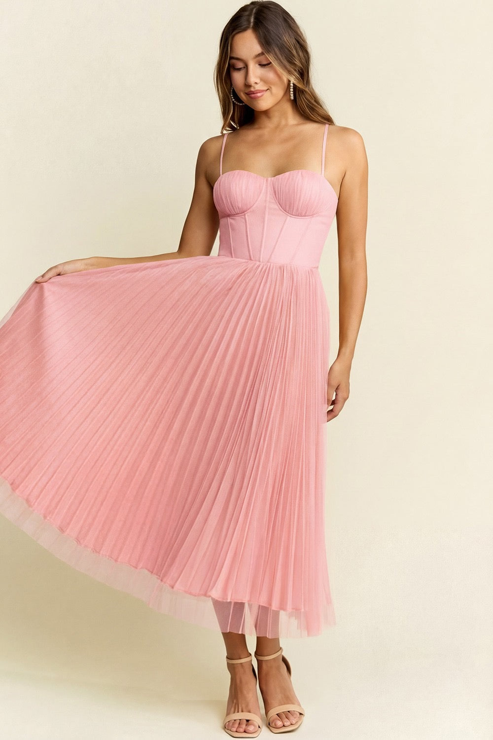 Tulle And Satin Pleated Ann Midi Dress With Tie Back