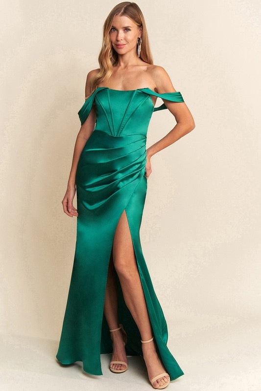Off Shoulder Ann Satin Shirring Slit Maxi Dress