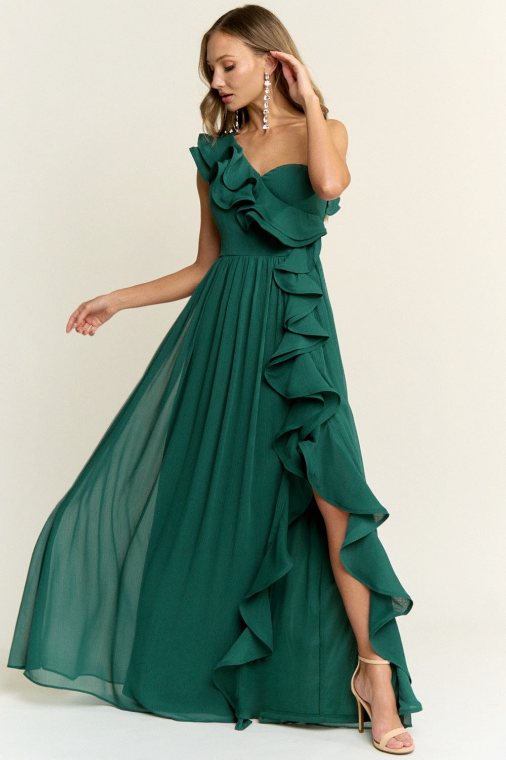 One Shoulder Ann Ruffle Georgette Chiffon Maxi Dress