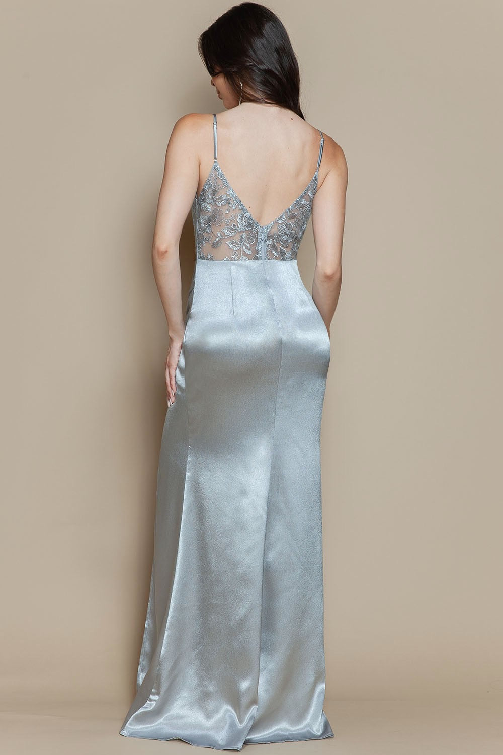Vestido largo Ann de satén con ballenas y encaje