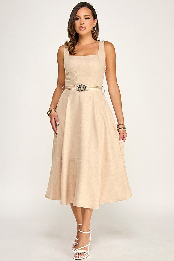 Gold Shell Belt Detail Ann Sleeveless Linen Midi Dress with Ruffle
