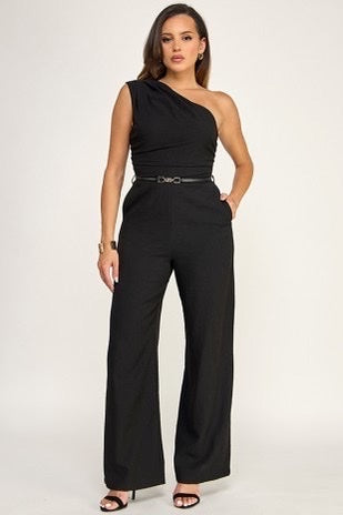 One Shoulder  Ann Short Sleeve Cinched Waist Belted Jumpsuit