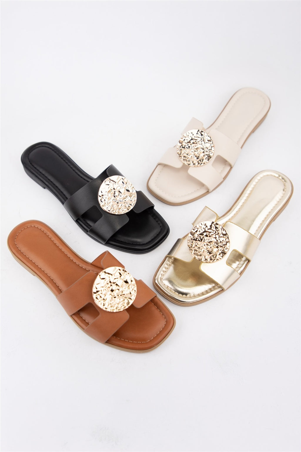 Ann Cutout Flat Slide Sandals With Statement Gold Dis