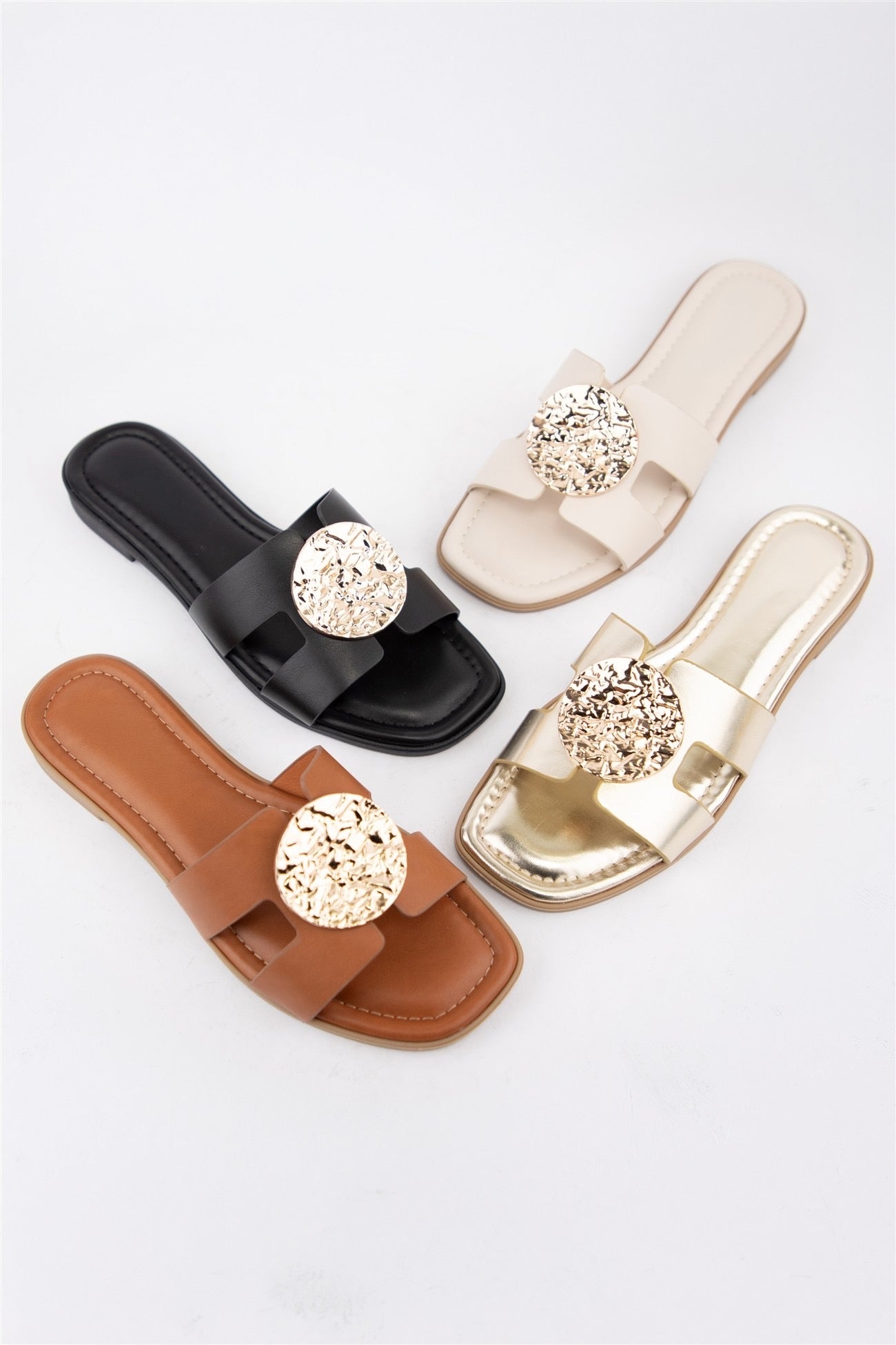 Ann Cutout Flat Slide Sandals With Statement Gold Dis