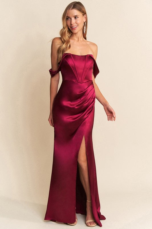 Off Shoulder Ann Satin Shirring Slit Maxi Dress