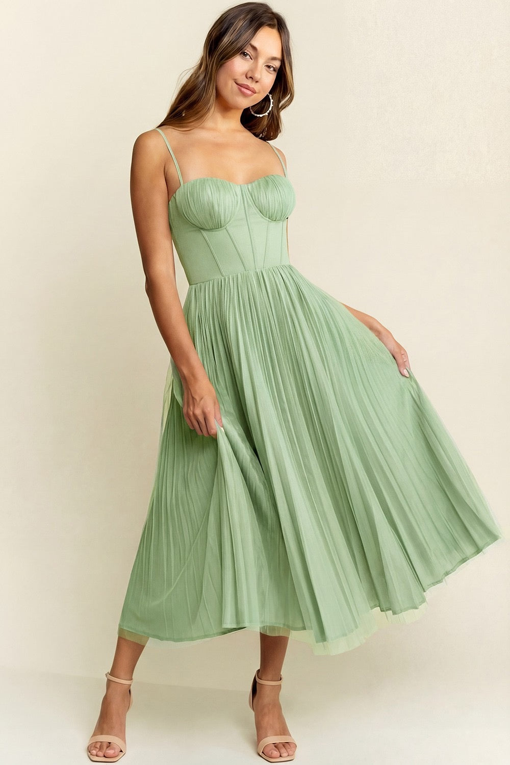Tulle And Satin Pleated Ann Midi Dress With Tie Back