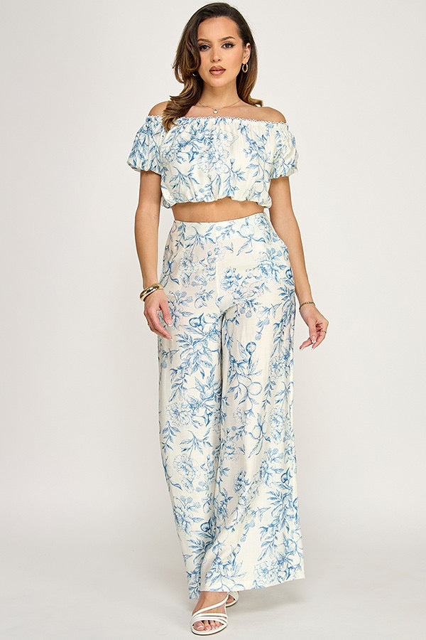 Ann Printed Off Shoulder Top And Wide Leg Pants Set