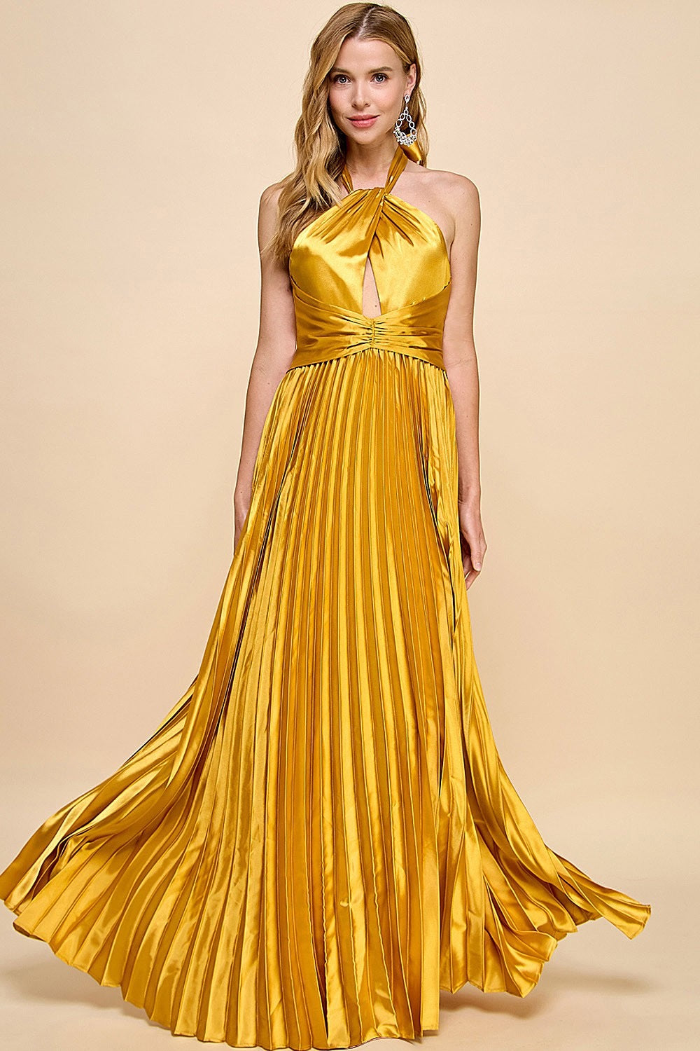 Satin Ann Pleated Halter Maxi Dress