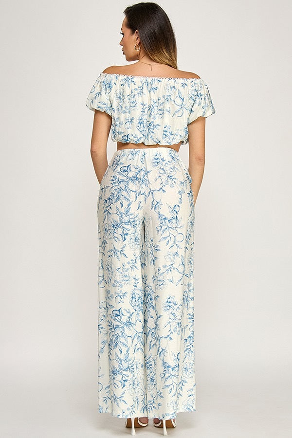 Ann Printed Off Shoulder Top And Wide Leg Pants Set