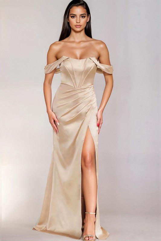 Off Shoulder Ann Satin Shirring Slit Maxi Dress