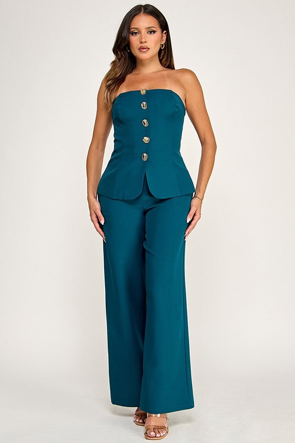 Gold Button Detail Ann Tube Top with Pants Set