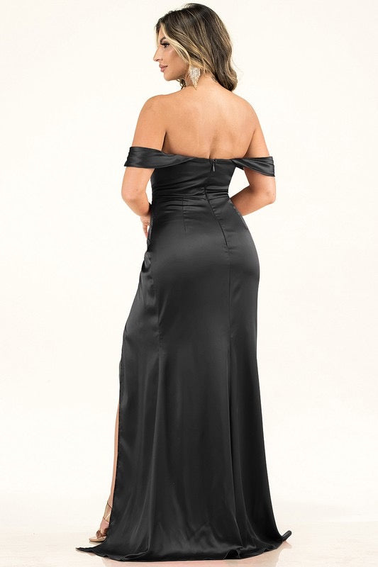 Off Shoulder Ann Satin Shirring Slit Maxi Dress