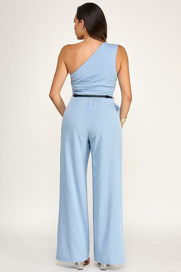 One Shoulder  Ann Short Sleeve Cinched Waist Belted Jumpsuit