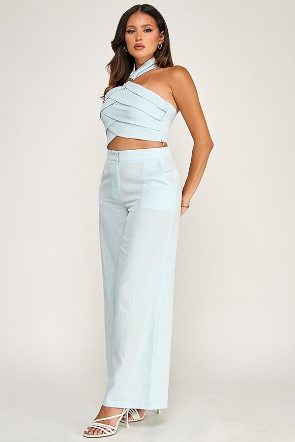 Pleated Halter Top and Pants Set with Gold Trim