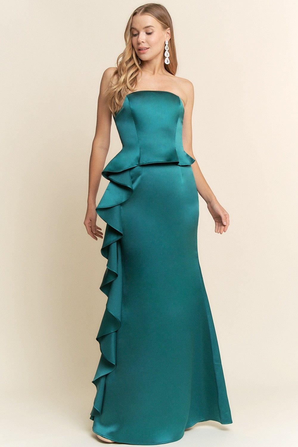 Vestido largo Ann de satén con corpiño con volantes y peplum