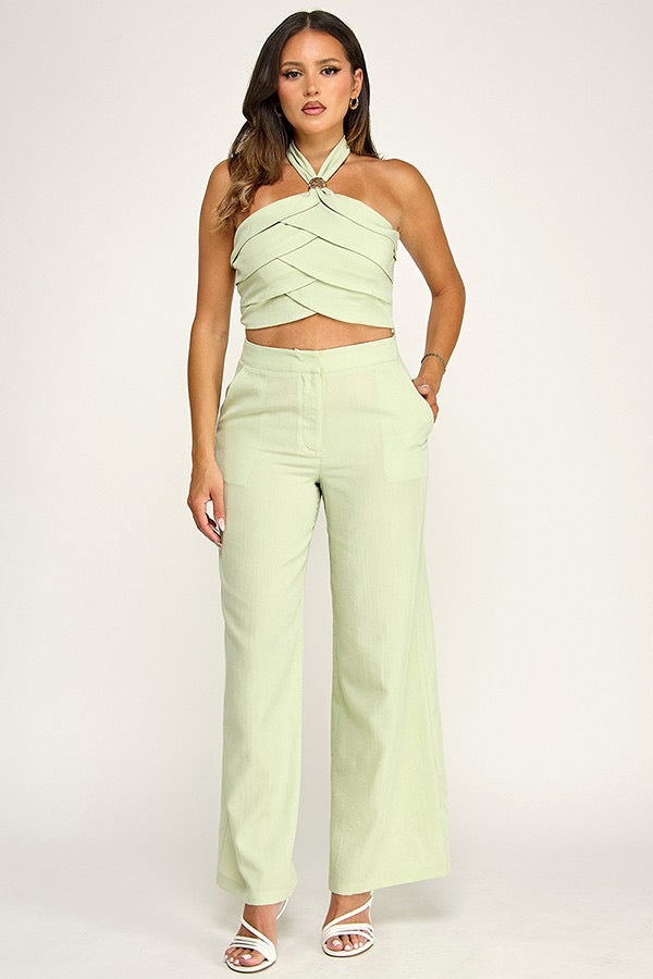 Pleated Halter Top and Pants Set with Gold Trim