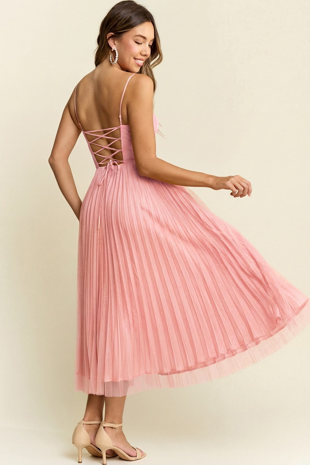 Tulle And Satin Pleated Ann Midi Dress With Tie Back