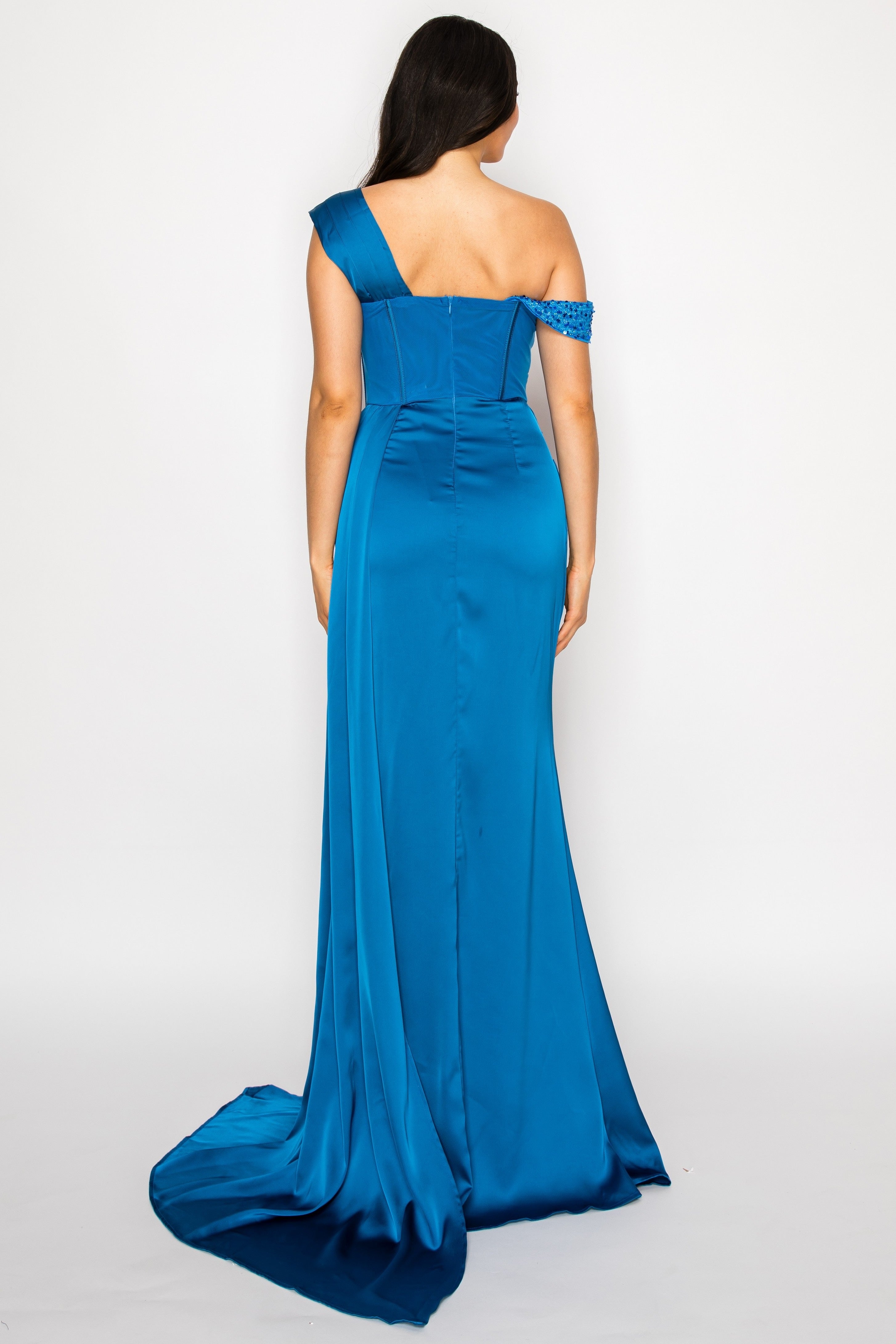 Solid  Ann Color Satin And Sequin Dress