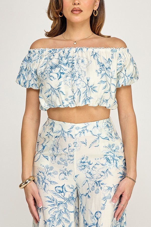 Ann Printed Off Shoulder Top And Wide Leg Pants Set