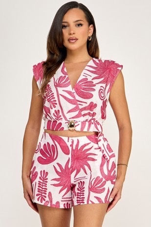 Relaxed Shoulder Surplice Ann Top and Short Set with Metal Buckle