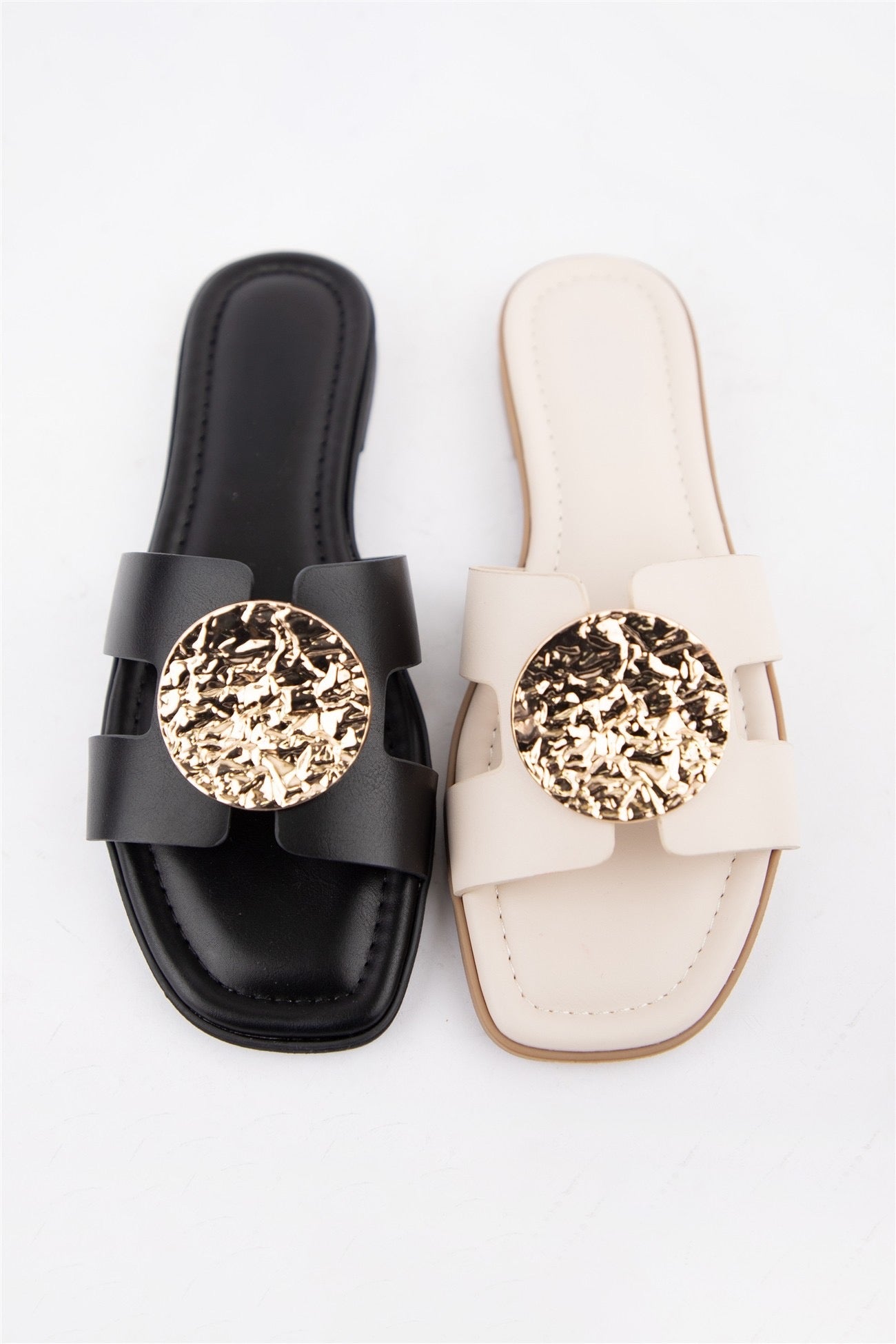 Ann Cutout Flat Slide Sandals With Statement Gold Dis