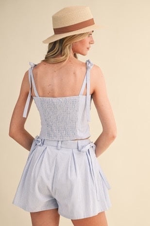 Striped  Ann Tie Shoulder Crop Top And Shorts Set