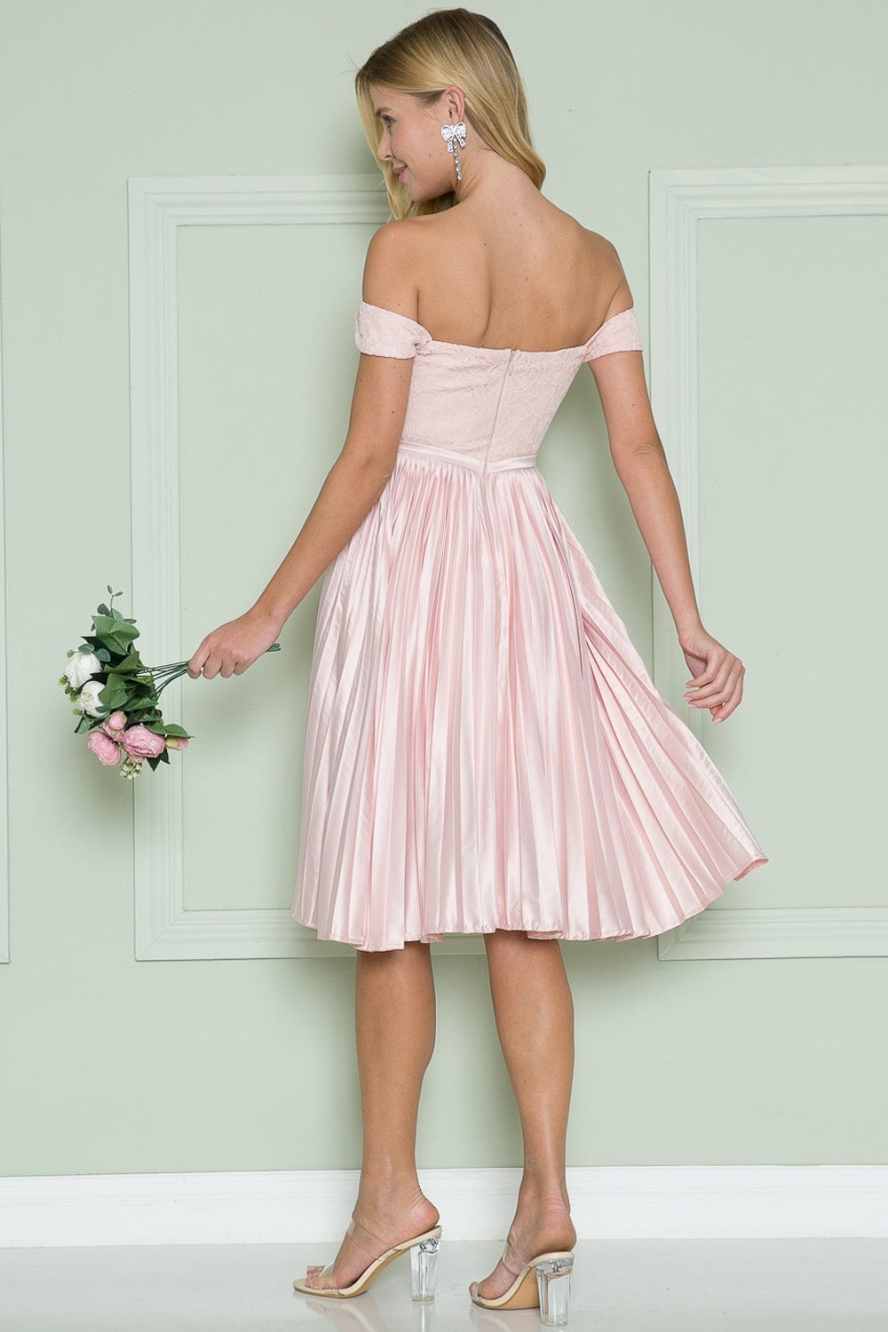 Off Shoulder Ann Lace Bodice Pleated Dress