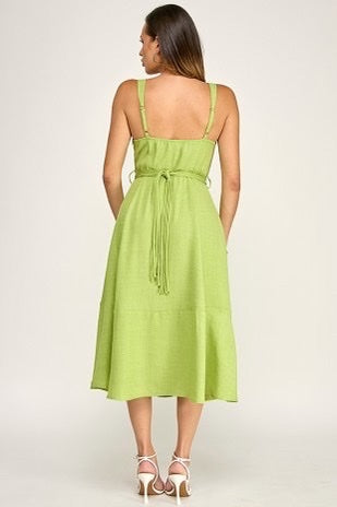 Gold Shell Belt Detail Ann Sleeveless Linen Midi Dress with Ruffle