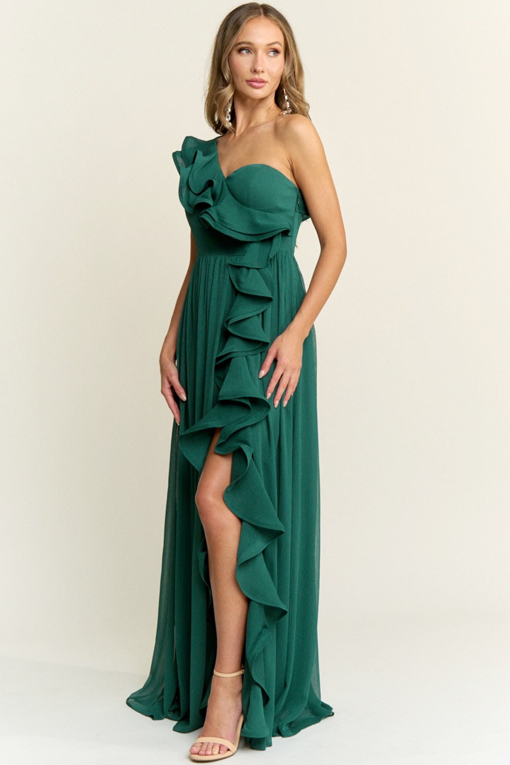 One Shoulder Ann Ruffle Georgette Chiffon Maxi Dress