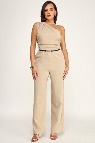 One Shoulder  Ann Short Sleeve Cinched Waist Belted Jumpsuit