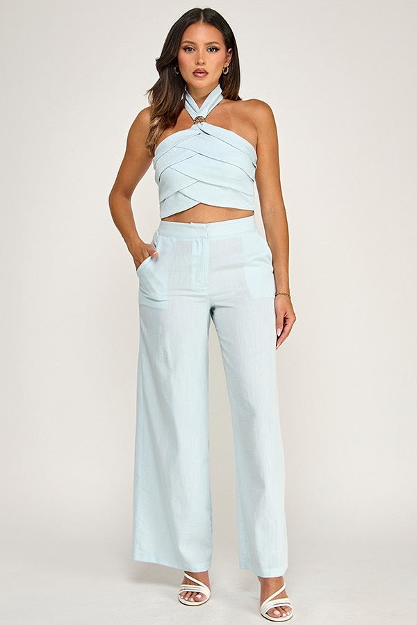 Pleated Halter Top and Pants Set with Gold Trim