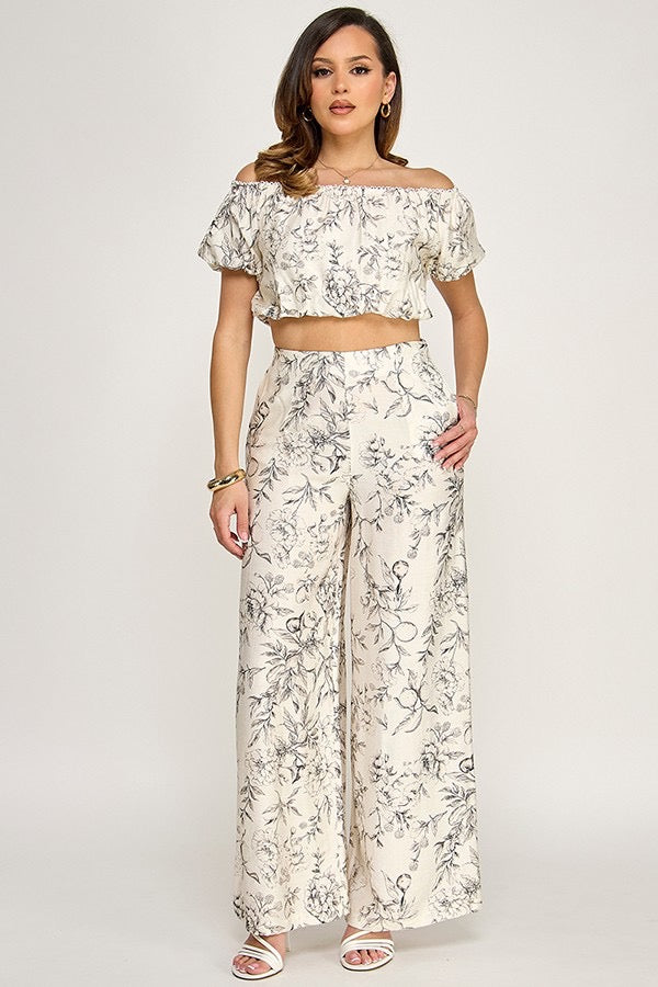 Ann Printed Off Shoulder Top And Wide Leg Pants Set