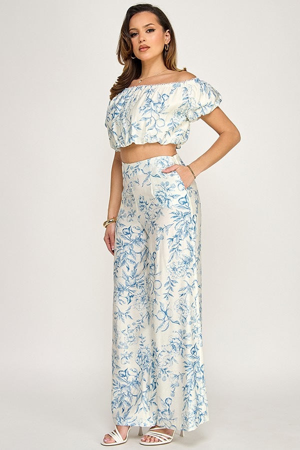 Ann Printed Off Shoulder Top And Wide Leg Pants Set
