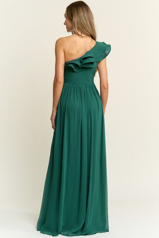 One Shoulder Ann Ruffle Georgette Chiffon Maxi Dress