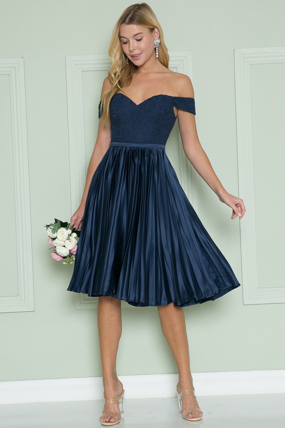Off Shoulder Ann Lace Bodice Pleated Dress