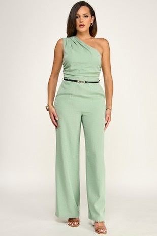 One Shoulder  Ann Short Sleeve Cinched Waist Belted Jumpsuit