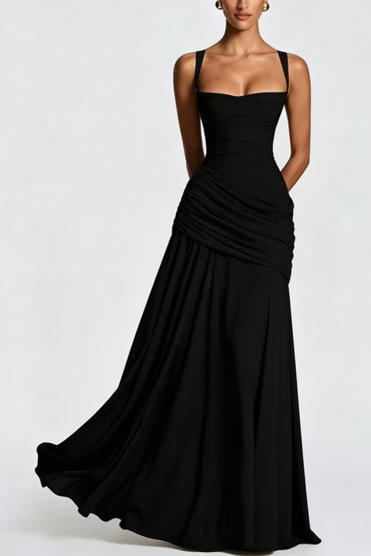 Ruched Strap Square Neck Maxi Dress - Black