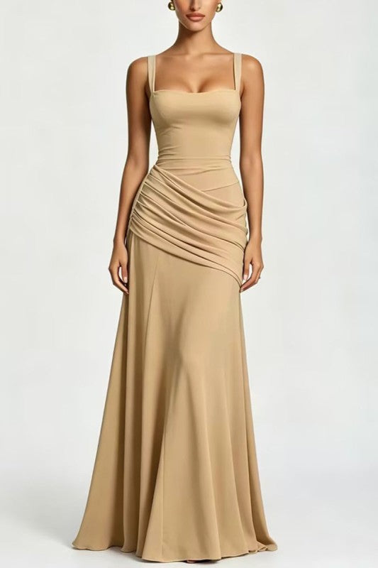 Ruched Strap Square Neck Maxi Dress - Ginger