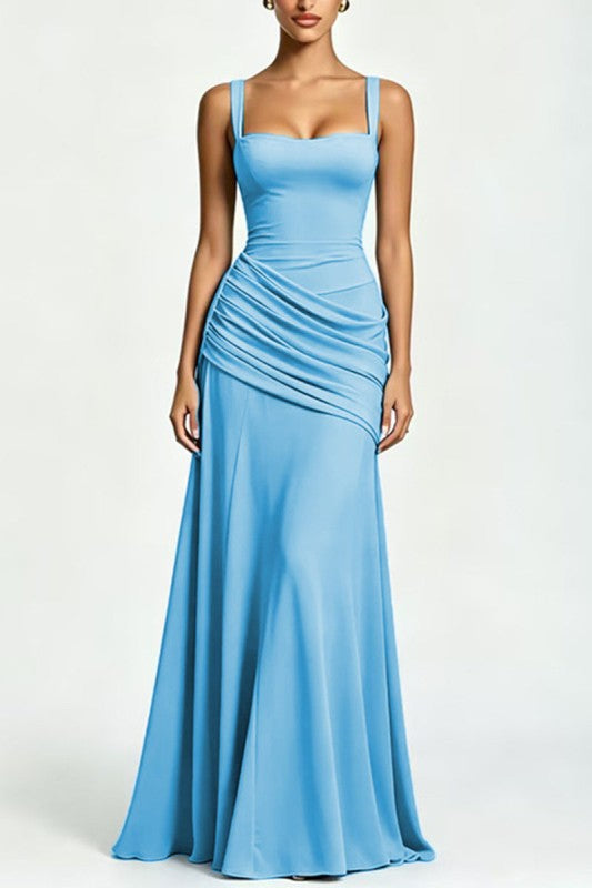 Ruched Strap Square Neck Maxi Dress - Light Blue