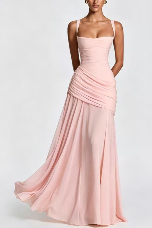 Ruched Strap Square Neck Maxi Dress - Pink